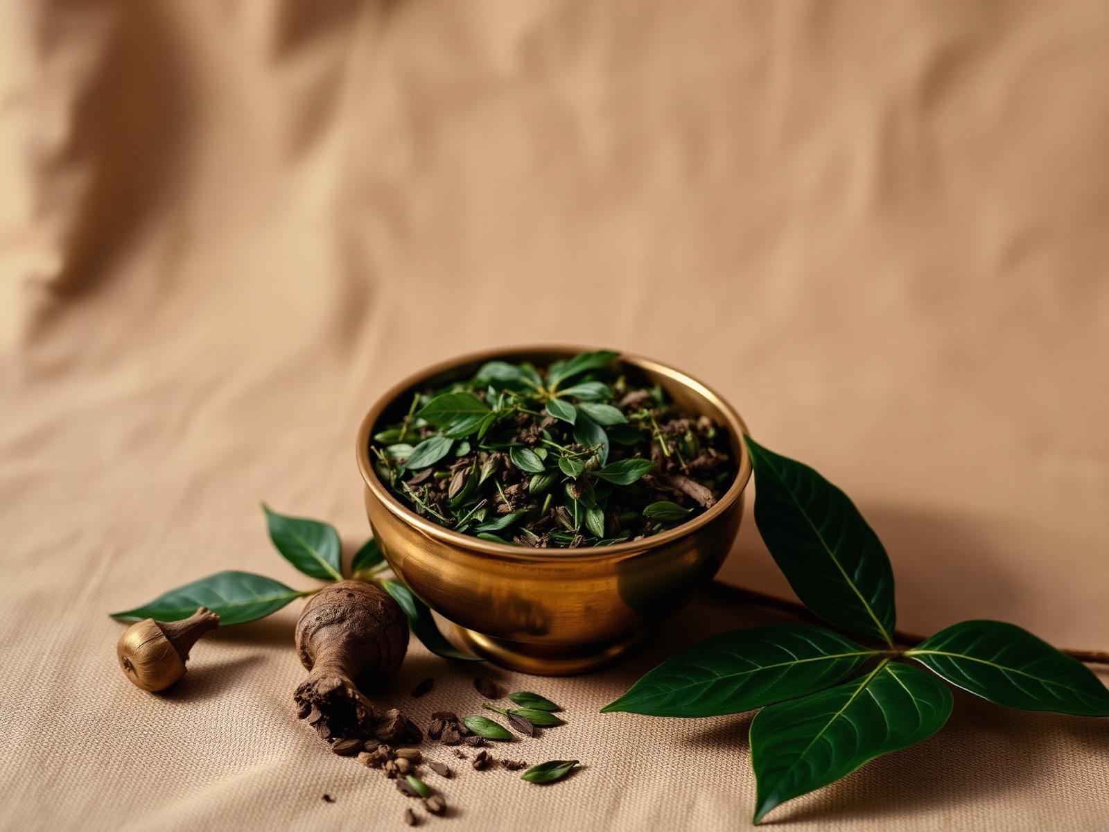 Ayurvedic herbs in a brass bowl